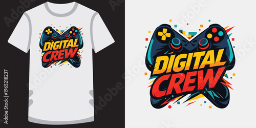 Creative stylish tshirt design featuring colorful video game controller graphic with bold digital crew text ideal for gamers and esports fans
