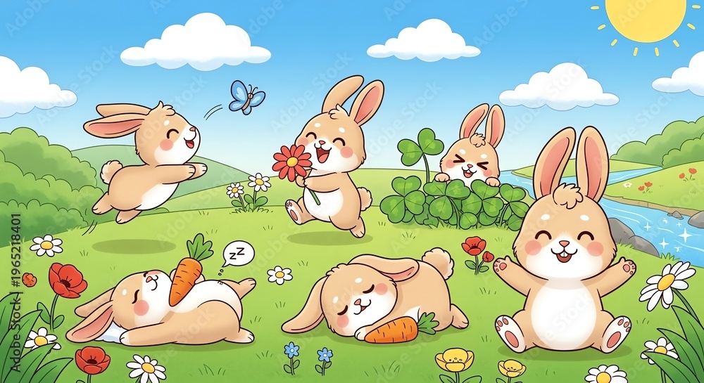 Naklejka premium Cute rabbits in grassy meadow with flowers