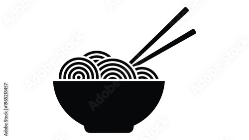 Simple black and white illustration of ramen noodles in a bowl