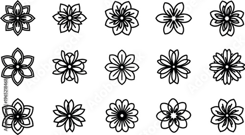 Collection of fifteen black and white stylized floral flower symbol outline