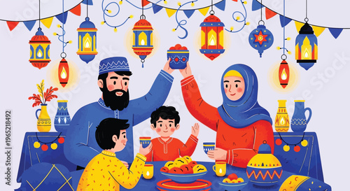 A muslim family celebrating eid with traditional lanterns and food