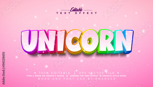 Unicorn Text Effect Design Editable Vector Graphic Style with Colorful Rainbow 3d Typography on Pink Background. Customizable Mockup Template Illustration for Magic Greeting Card, Fantasy Banner Flyer