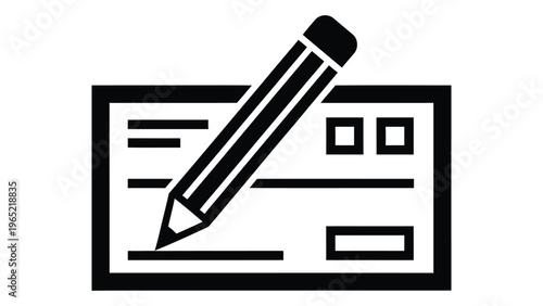 A black and white icon of a pencil on a document