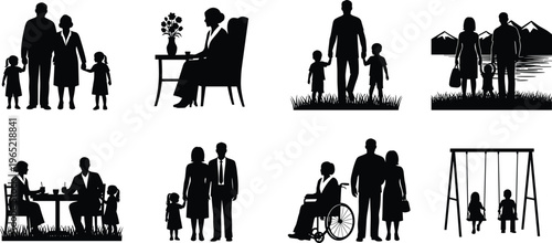 WebCollection of Family Silhouette Icons Featuring Multi-Generational Scenes Including Parents with Children, Elderly Care, Outdoor Recreation, Dining, and Kids Playing on a