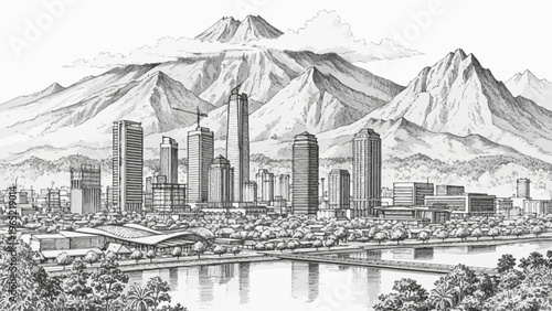 Detailed Black and White Cityscape with Mountains and River View