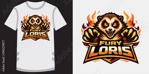 Fierce cartoon raccoon mascot logo design with flames and bold typography for esports or gaming team apparel and branding