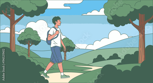 Illustration of a man walking on a winding path through a serene landscape with trees and rolling hills under a blue sky with white clouds.