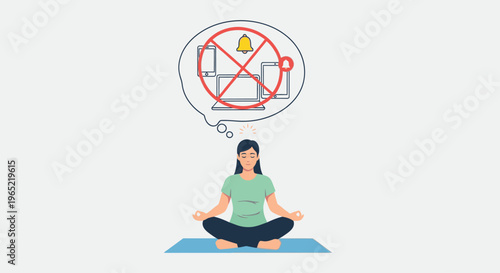 Illustration of a woman meditating on a blue yoga mat with a thought bubble above her head showing a crossed-out laptop and phone in a red circle against a clean white background.