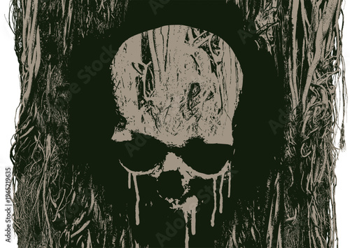 Cuadro en lienzo Vector banner on theme black magic with human skull,  tree, branches and roots in grunge style