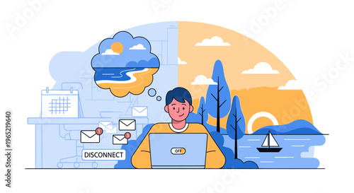 Illustration of a man sitting with a laptop and a disconnected thought bubble in a stylized office and nature scene with warm tones.