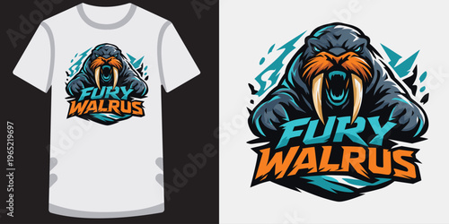 Fierce walrus mascot logo design with aggressive expression and large tusks for sports team or gaming clan apparel and merchandise