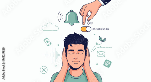 A stressed young man covering his ears with notifications and icons floating around him in a colorful illustration with a chaotic mood against a clean white background.