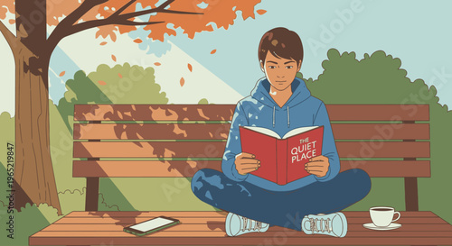 Illustration of a young man sitting cross-legged on a park bench reading a book with a cup of coffee and phone nearby in a serene outdoor setting with autumn foliage.
