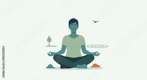 A serene person meditates in lotus position with hands outstretched and eyes closed, surrounded by a leaf, a bird, and geometric shapes on a clean background with calming colors.