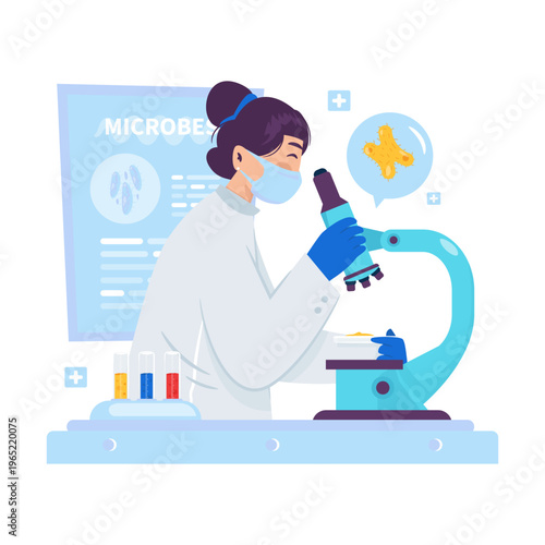 Medical Researcher Observing Microbes Through Microscope Vector Illustration