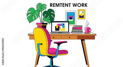 A beautifully designed and vibrantly colored modern home office workspace is perfectly depicted for remote productivity, showcasing a wooden desk with a laptop for digital tasks, a comfortable and sty