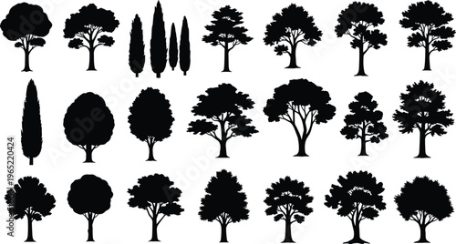 Large Set Of Diverse Tree Silhouettes Featuring Various Species Like Oak Pine And Cypress For Landscape Design Architecture Projects And Environmental Vector Graphic Elements