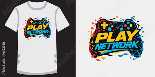 Modern stylish graphic design of a colorful video game controller with vibrant geometric shapes and play network text ideal for gamers and esports events