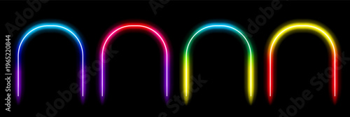 Red, purple, green, yellow smooth neon led arc. Soft glowing semicircle arch portal. Vector illustration with gradient mesh and overlay effect.