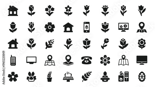 Collection of various icons including houses flowers and technology symbols