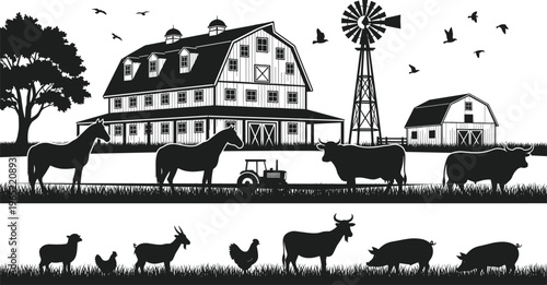 farm, silhouette, livestock, barn, windmill, rural, vector, agriculture, landscape, animal, nature, tractor, cattle, farming, black