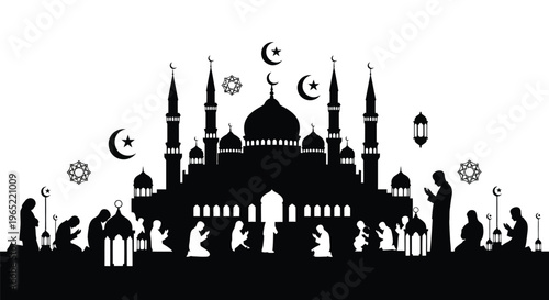 Silhouette illustration depicting numerous Muslim individuals engaged in communal prayer outside a grand mosque structure under the crescent moon night sky