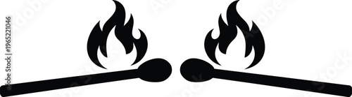 Burning matchsticks vector icon, two lit matches with flames, black and white fire symbol, simple graphic element for safety, energy, or danger concepts