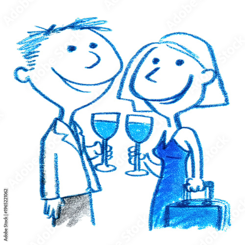 A blue chalk drawing of a happy couple with wine glasses