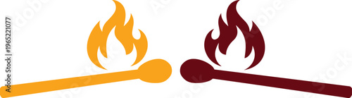 Fósforos encendidos con llamas de fuego, cerillas con flama en colores naranja y granate, ilustración vectorial de chispas y calor