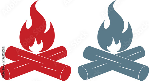 Campfire vector icon set, two stylized bonfire illustrations with burning flames and stacked logs, red and blue graphic elements for outdoor adventure and camping designs