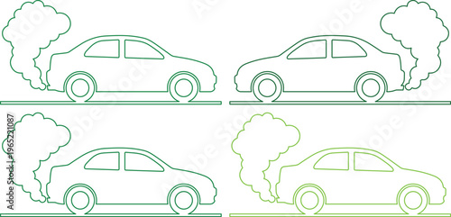 Iconos lineales de coches emitiendo gases contaminantes, conjunto de 4 vectores de contaminación vehicular, siluetas de automóviles con humo