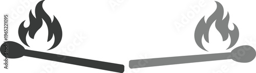 Burning matchstick icon set, two lit match vector illustrations, fire and flame symbol, ignition and energy concept, black and gray graphic resources for web and print design