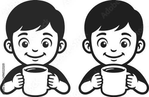 Niño sonriente bebiendo chocolate caliente, ilustración de niño con taza de café, personaje infantil en estilo minimalista blanco y negro