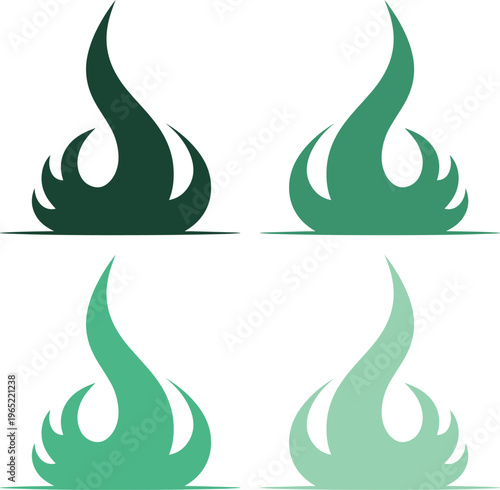 Llamas abstractas minimalistas en color verde, conjunto de 4 iconos de fuego ecológico, símbolos de energía renovable y gas natural