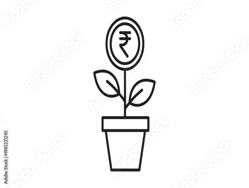 Indian rupee coin plant, money growth symbol, financial vector icon, currency leaf