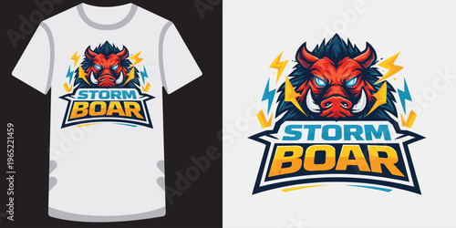 Vibrant esports or gaming logo featuring a fierce red boar with lightning bolts and bold typography design on tshirt mockup
