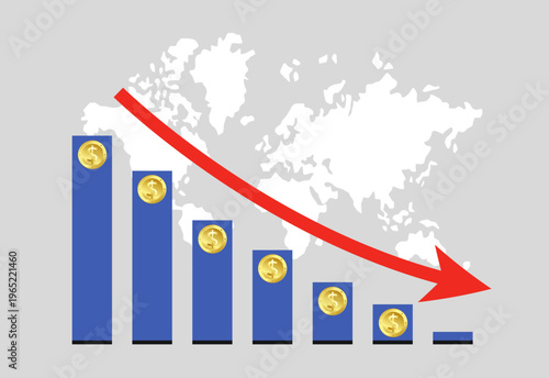 Global economy decline with decreasing bar chart and world map background