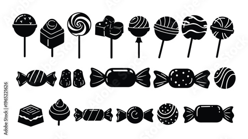 Black and white illustration of assorted candies and sweets
