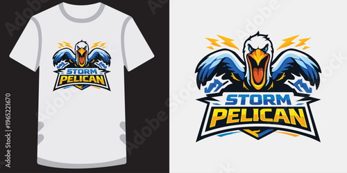 Vibrant esports or sports team logo featuring a fierce pelican mascot with lightning bolts and bold typography design perfect for t shirts and merchandise