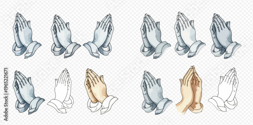 Set of praying hands illustrations in watercolor and outline styles, symbolizing faith and hope.