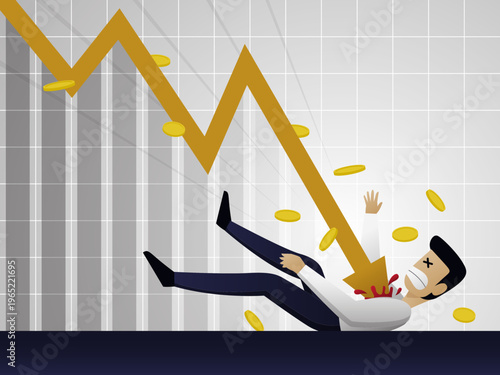 Business man falling with decreasing stock market chart, economic crisis concept