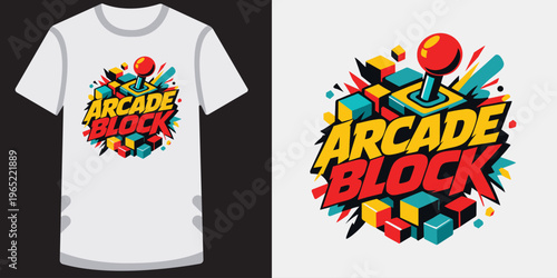 Vibrant retro arcade block design featuring colorful geometric shapes and joystick illustration on a stylish tshirt mockup perfect for gaming enthusiasts and fans of vintage video games