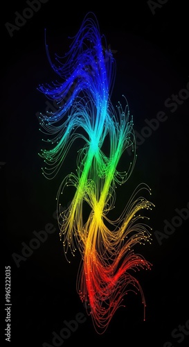 Abstract visualization of sound frequency data shown as flowing, bright, complex digital lines across a dark background, representing energy flow, sound, information, illuminated