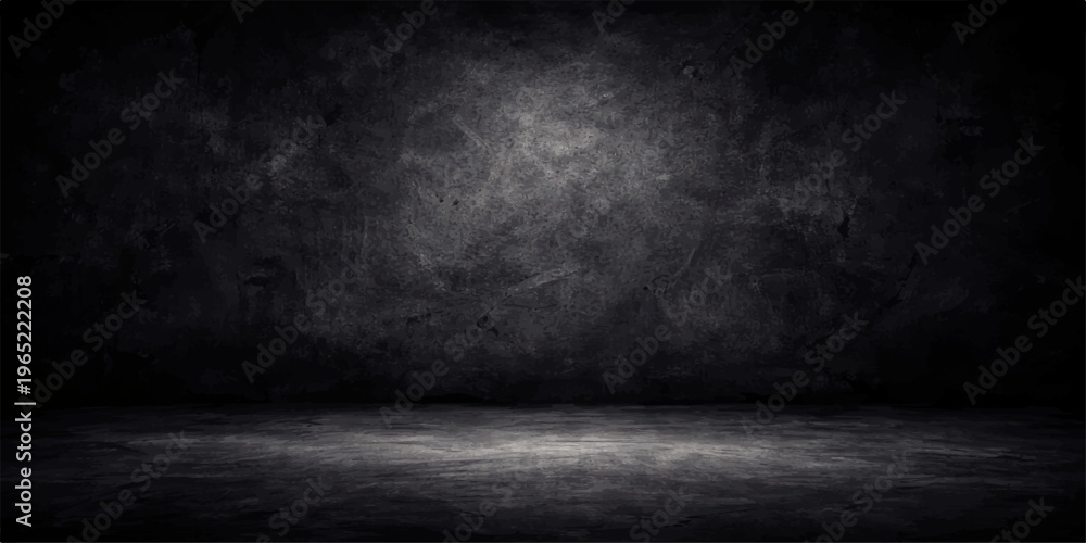 Fototapeta premium An empty dark room features a vintage grunge concrete wall and rough gray stone floor surface providing a dirty textured backdrop for industrial interior design
