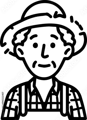 Hand Drawn Elderly Female Farmer Black and White Illustration in Minimal Solid Art Style Design