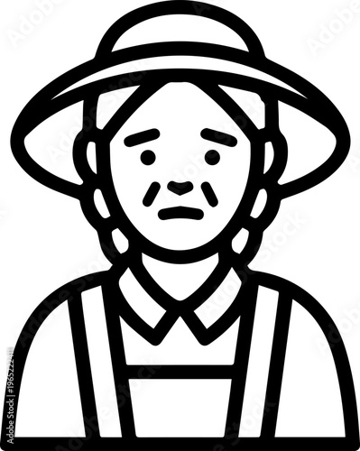 Hand Drawn Elderly Female Farmer Black and White Illustration in Minimal Solid Art Style Design