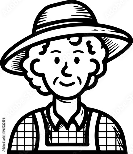 Hand Drawn Elderly Female Farmer Black and White Illustration in Minimal Solid Art Style Design
