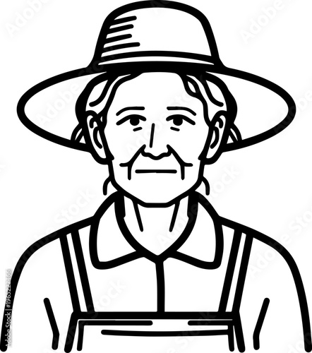 Hand Drawn Elderly Female Farmer Black and White Illustration in Minimal Solid Art Style Design