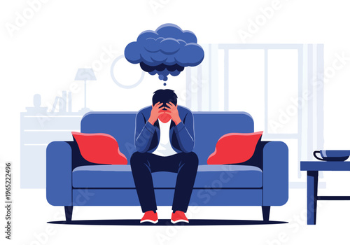 Modern illustration of stressed man sitting on sofa holding his head with symbolic cloud above, representing anxiety, depression, and mental health struggles at home