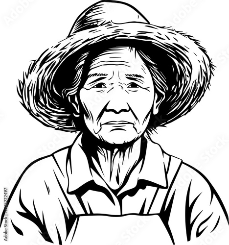 Hand Drawn Elderly Female Farmer Black and White Illustration in Minimal Solid Art Style Design